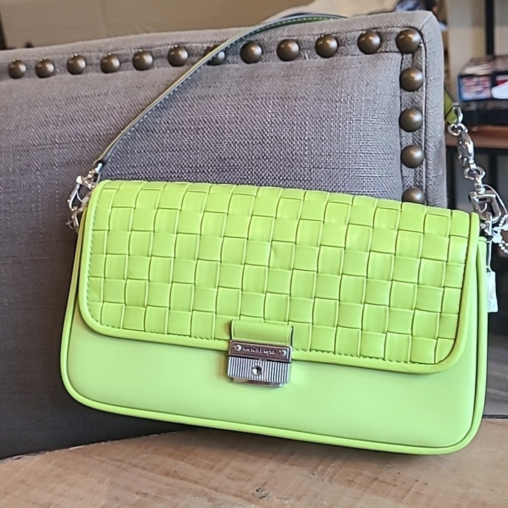 Michael Kors Bradshaw Lime Green Convertible Purse CrossBody Shoulder Woven‎ New
